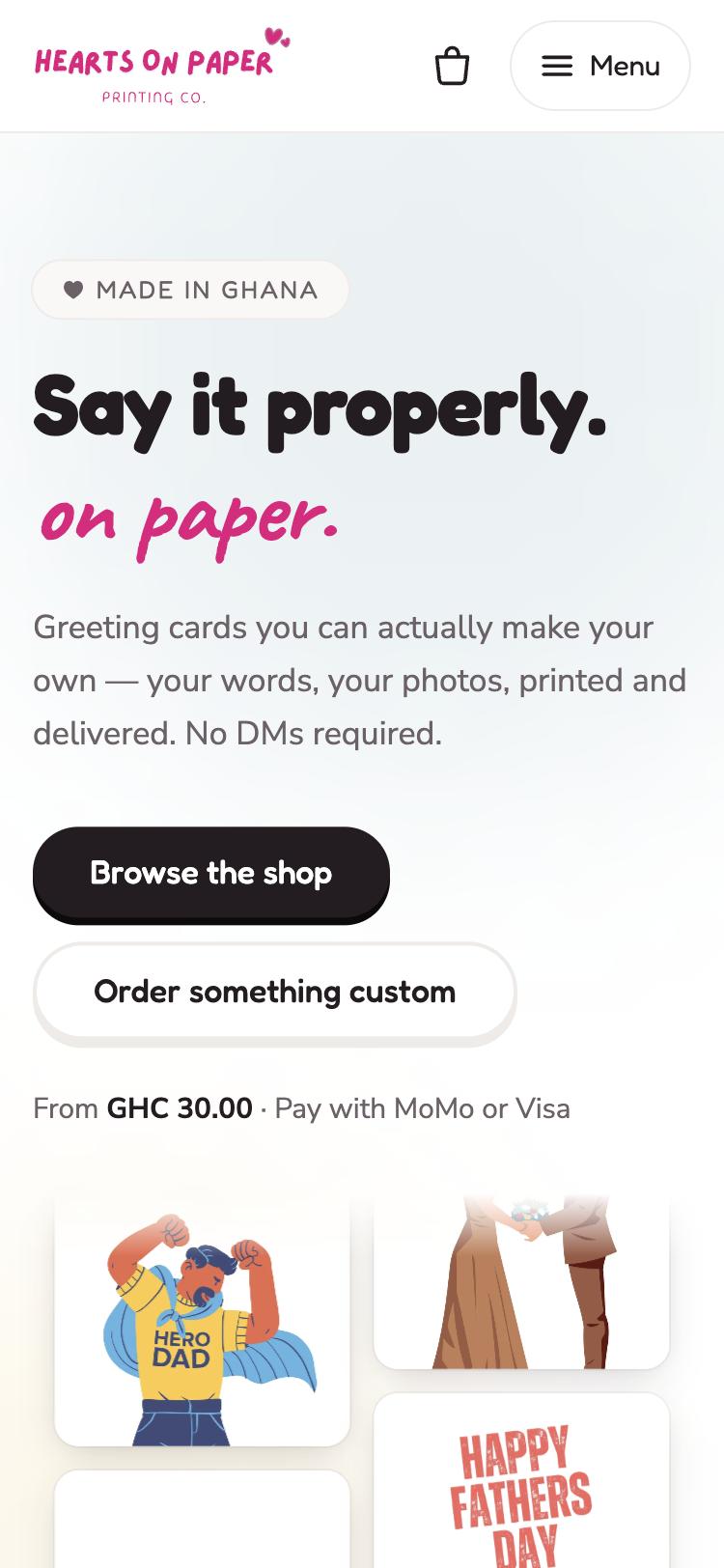 Hearts on Paper GH homepage on mobile